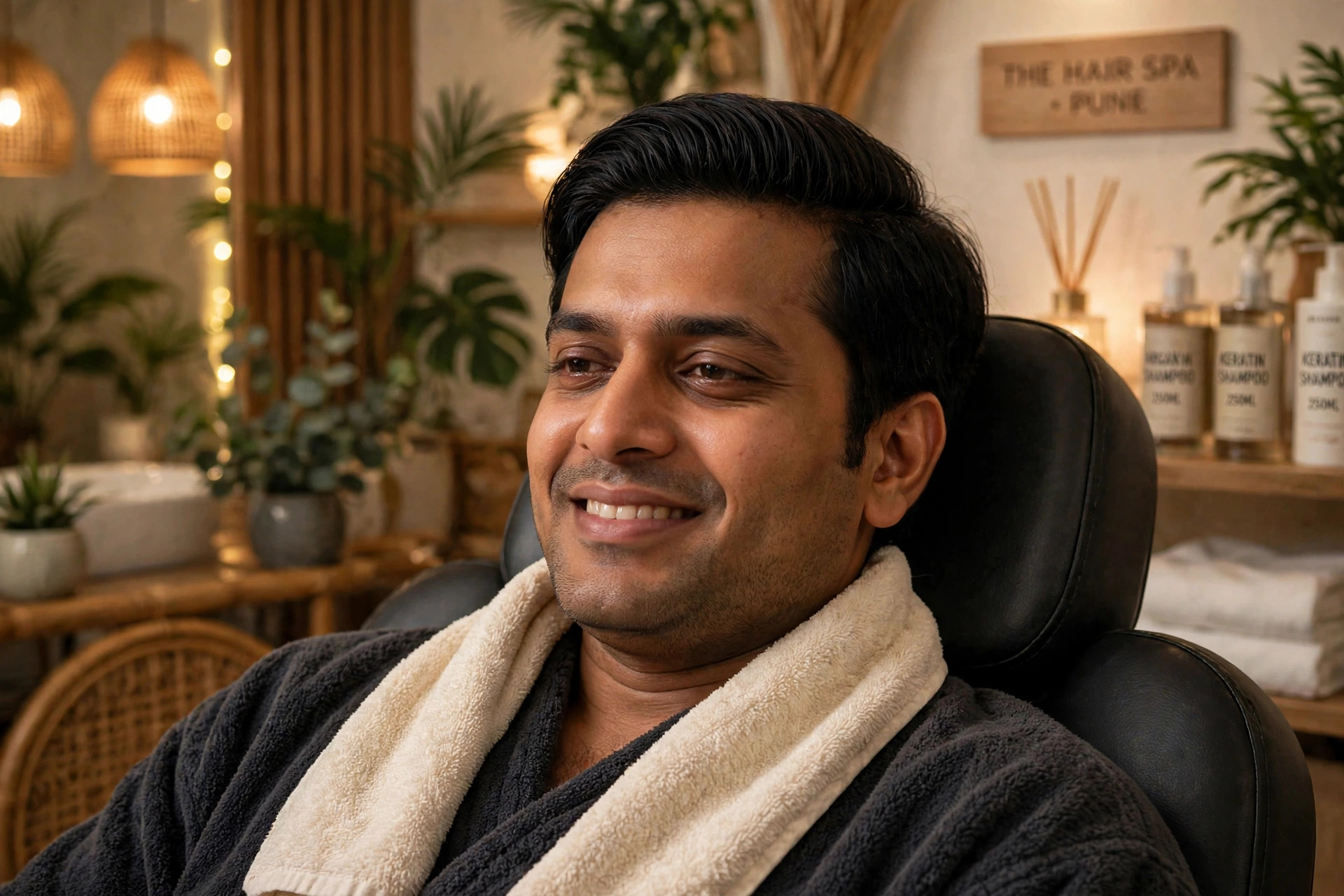 Same man with smooth healthy hair and relaxed confident smile after spa treatment