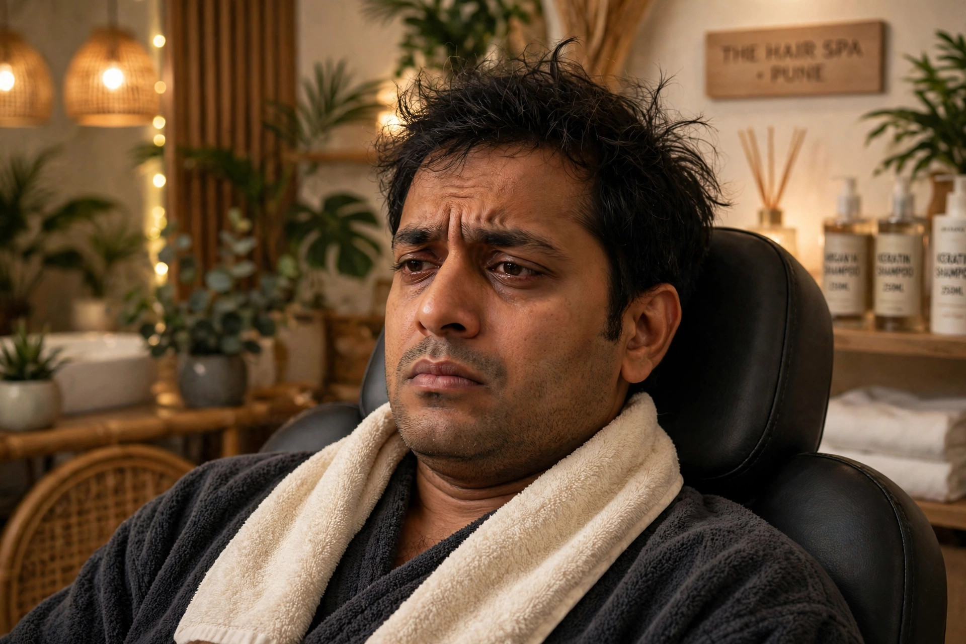 Man with dry rough hair and stressed expression sitting in spa chair before treatment